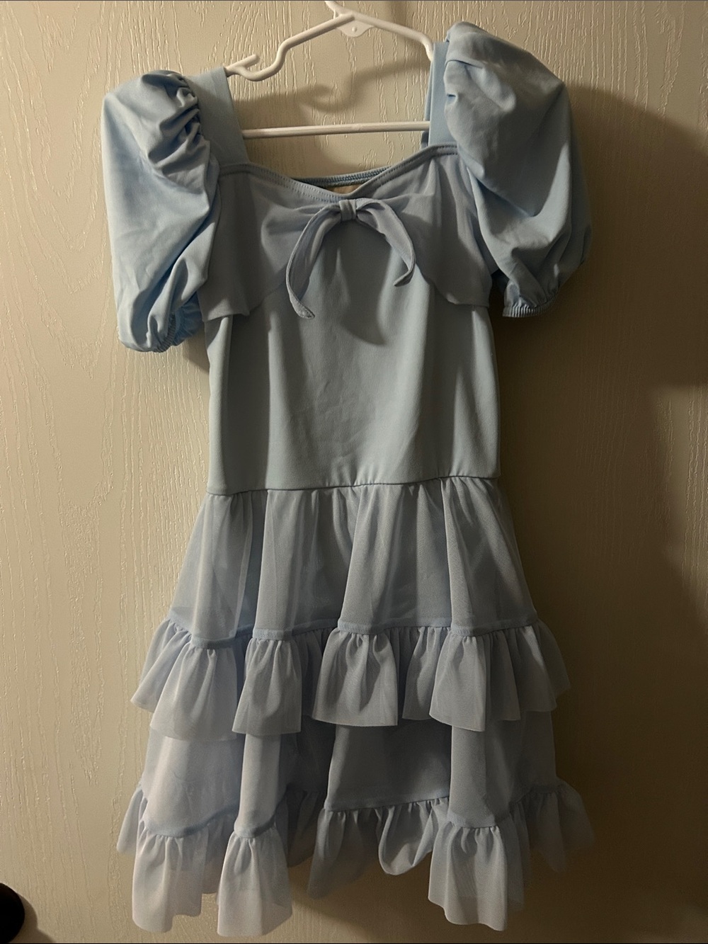 Weissman Light Blue Puff-Sleeve Tiered Ruffle Dress